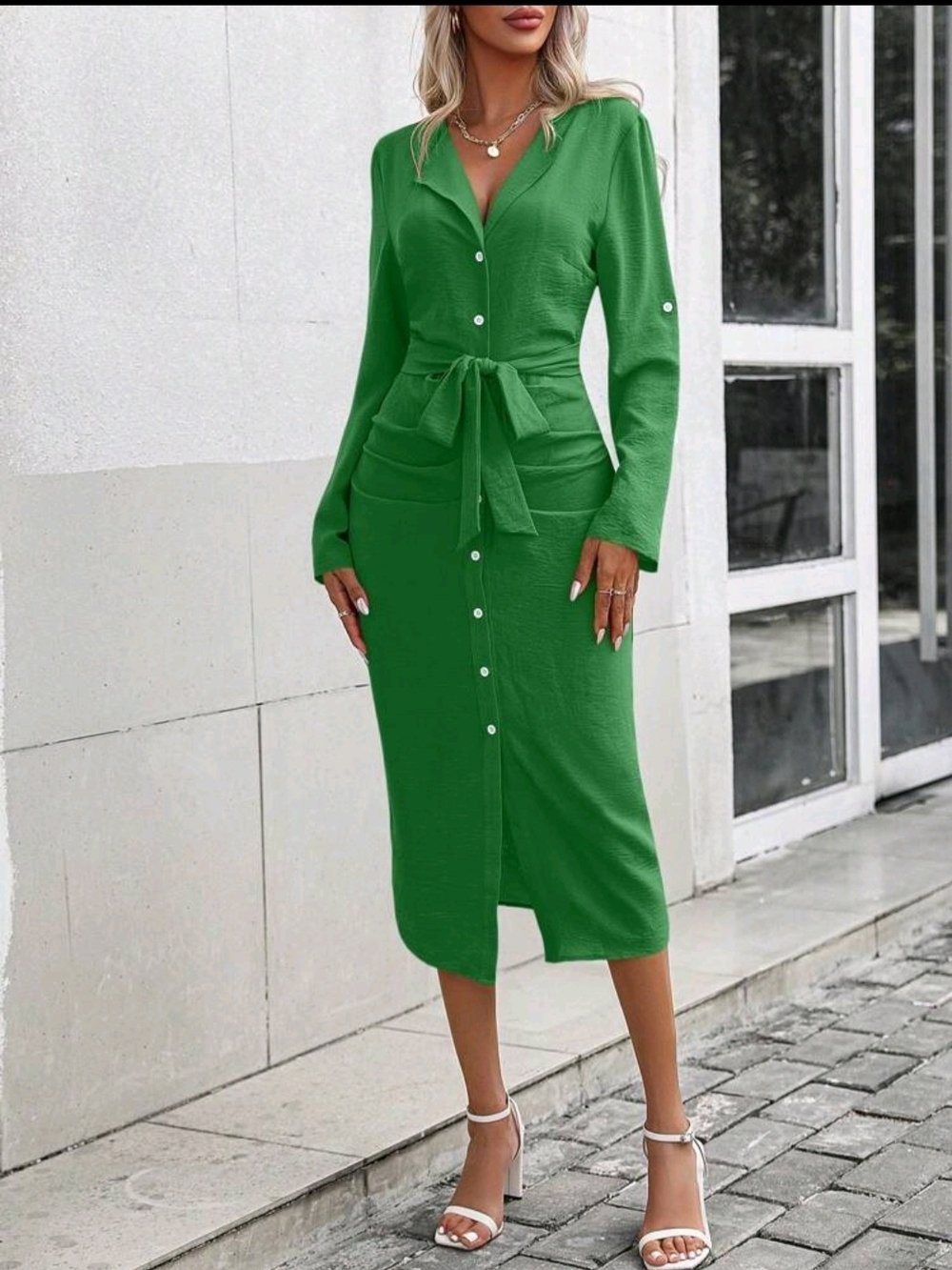 SHEIN Green Button Front Midi Dress | Tie Waist | Chic & Flattering NIB - Picture 5 of 10